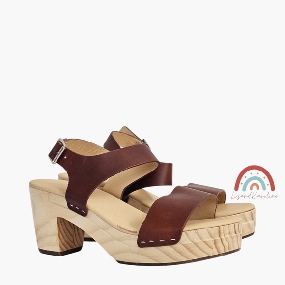 New! Nisolo All Day Open Toe Clog Leather Wood Chunky Platform Sandals in Brandy - Picture 3 of 16